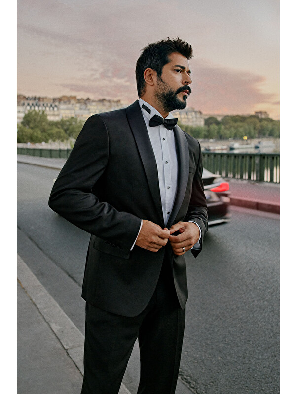 Altınyıldız Classics Erkek Siyah Slim Fit Dar Kesim Şal Yaka Armürlü Smokin Takım