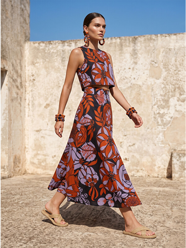 Catz Clothes Çiçek Desenli Midi Etek ve Kolsuz Crop Bluz Takım