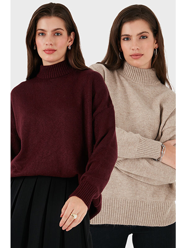 Lela Oversize Fit Balıkçı Yaka Yumuşak Dokulu 2'li Paket Triko Kazak 680KZ00469S2