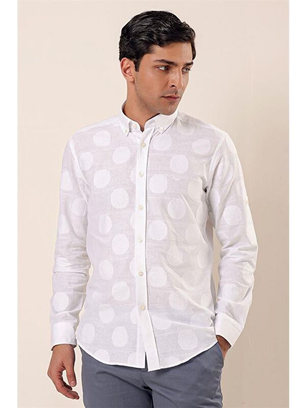 İMZA Beyaz Kısalabilir Kollu Desenli Jakarlıcepsiz %100 Pamuk Casual Slim Fit Gömlek 1004230183