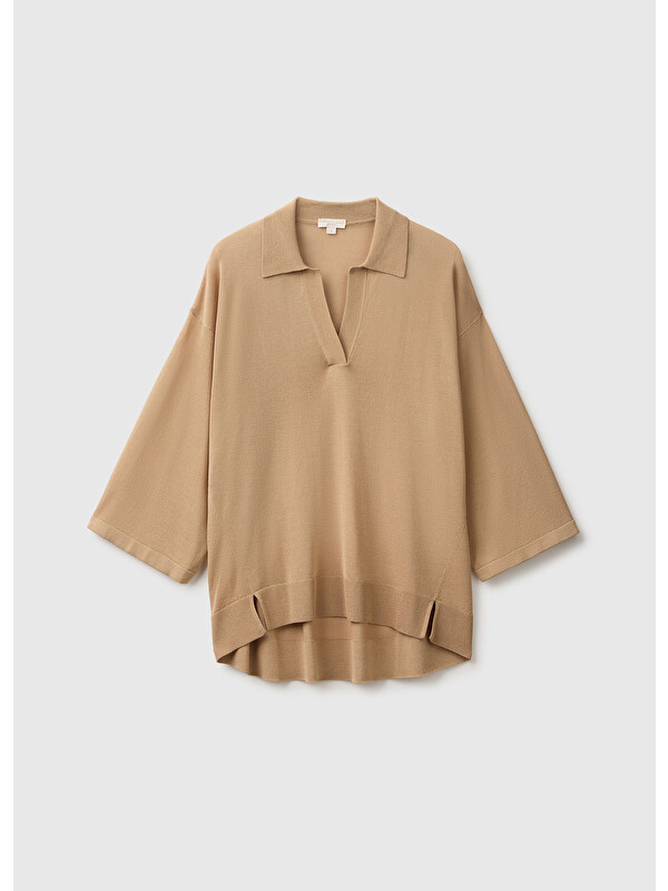 United Colors Of Benetton Kadın Bej Viskoz Karışımlı Oversize Ribanalı Polo Yaka Kazak