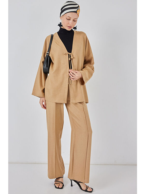 Bigdart Kadın Keten Kimono İkili Takım 6727 - Bisküvi