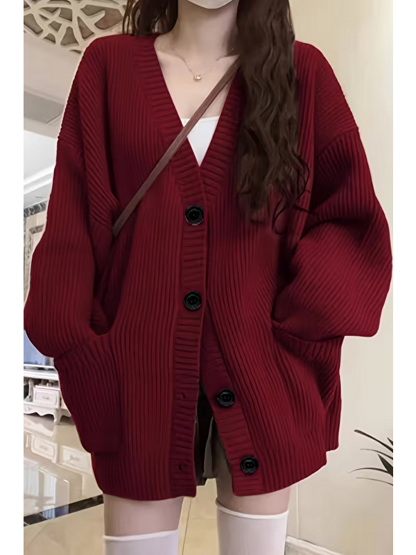 Tarz Cool Kadın Bordo Oversize Cepli Düğmeli V Yaka Triko Hırka