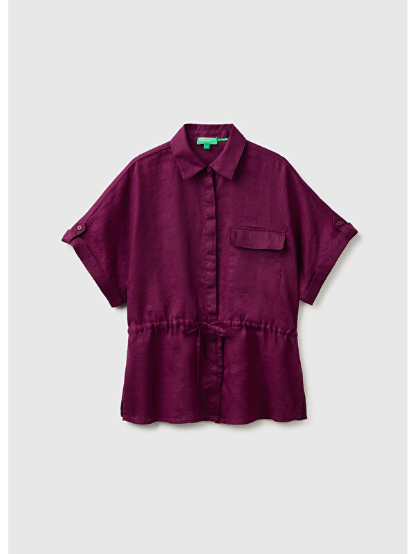 United Colors Of Benetton Kadın Koyu Mor %100 Keten Cepli İpli Gömlek