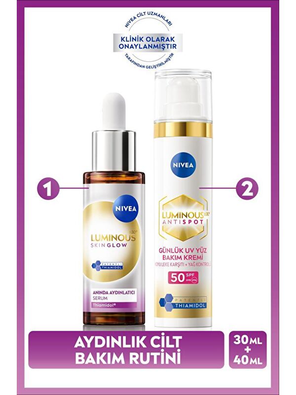 NIVEA SPF50 Luminous630 Leke Karşıtı Gündüz Yüz Güneş Kremi 40ml ve Skin Glow Anında Aydınlatıcı Serum30ml