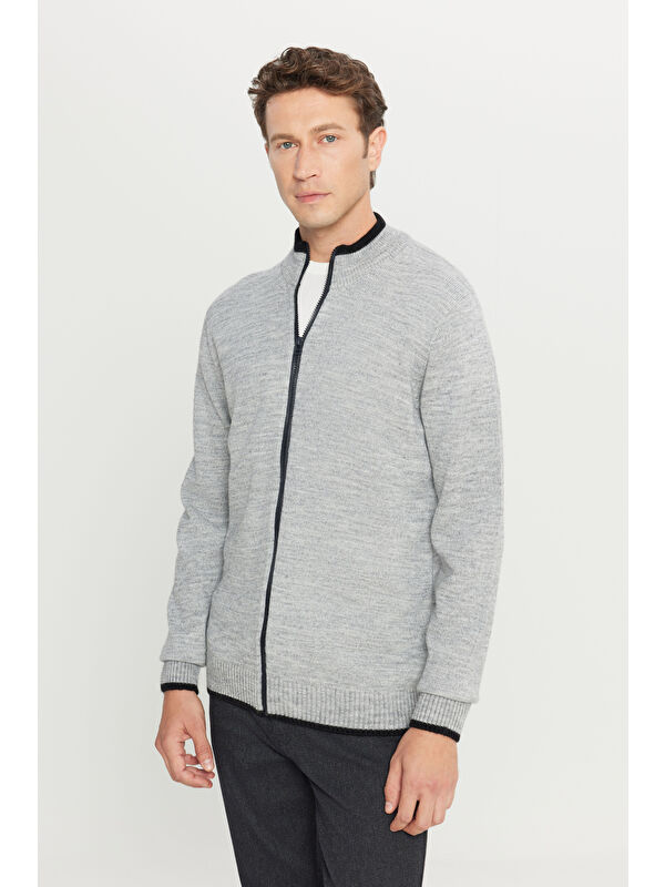 AC&Co / Altınyıldız Classics Erkek Gri Melanj Standart Fit Normal Kesim Dik Yaka Triko Ceket