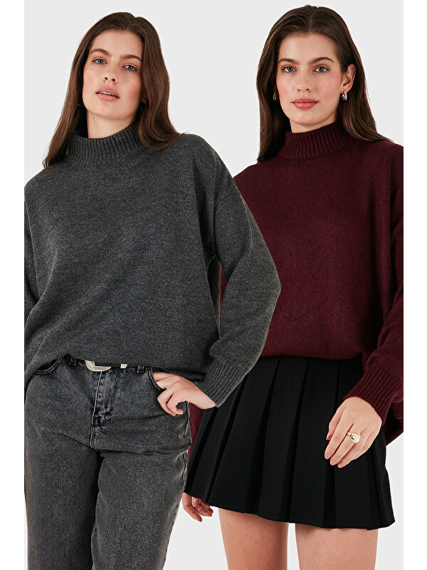 Lela Oversize Fit Balıkçı Yaka Yumuşak Dokulu 2'li Paket Triko Kazak 680KZ00469S2