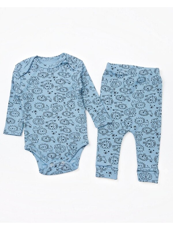Ege Bebek %100 Pamuk 0-3-6-9-12 Aylık Aslan Baskılı Çıtçıtlı Bodyli Pantalonlu 2'li Fitilli İnce Takım