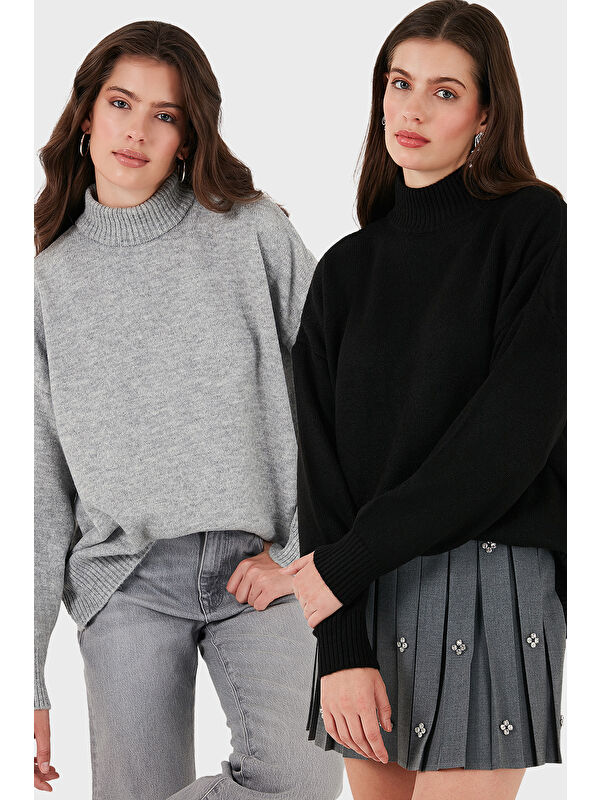 Lela Oversize Fit Balıkçı Yaka Yumuşak Dokulu 2'li Paket Triko Kazak 680KZ00469S2