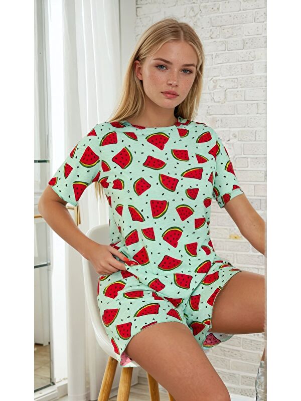 carla10 Karpuz Desenli Kısa Kollu Şortlu Kadın Pijama Takımı