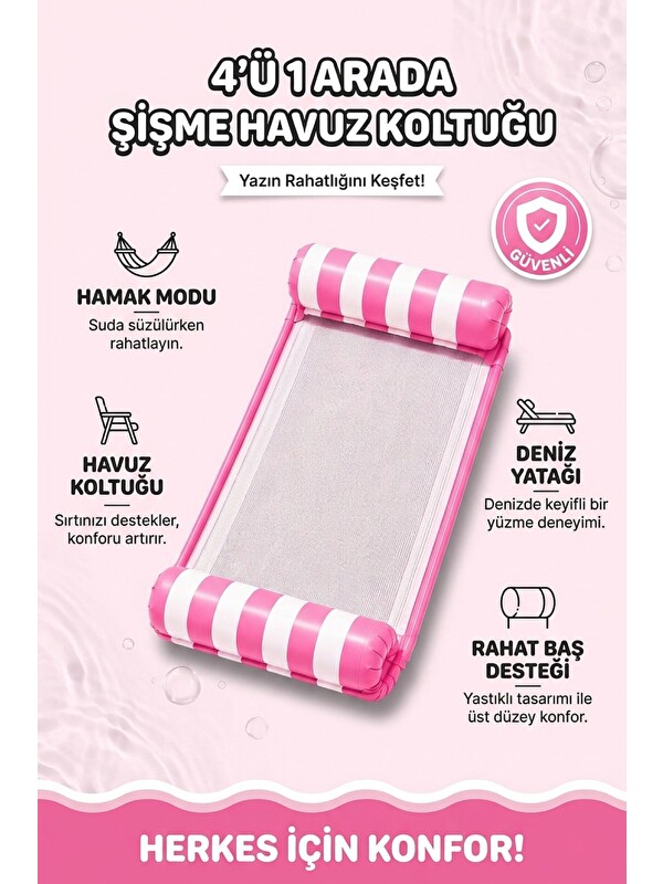 Oglo Şişme Havuz Koltuğu Hava Yastıklı Fileli 4'ü 1 Arada Deniz ve Havuz Yatağı Şezlong Pembe