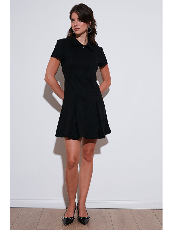 Lela Regular Fit Fermuarlı Polo Yaka Kısa Kollu Pileli Kadın Süet Elbise 5866438