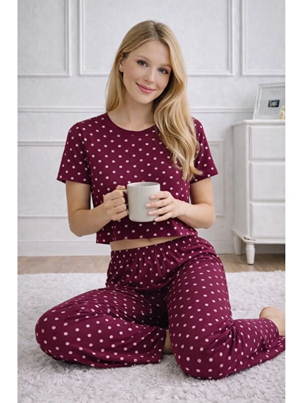 carla10 Kadın Bordo Puantiye Desenli Alt Üst Pijama Takımı - Ev Giyimi