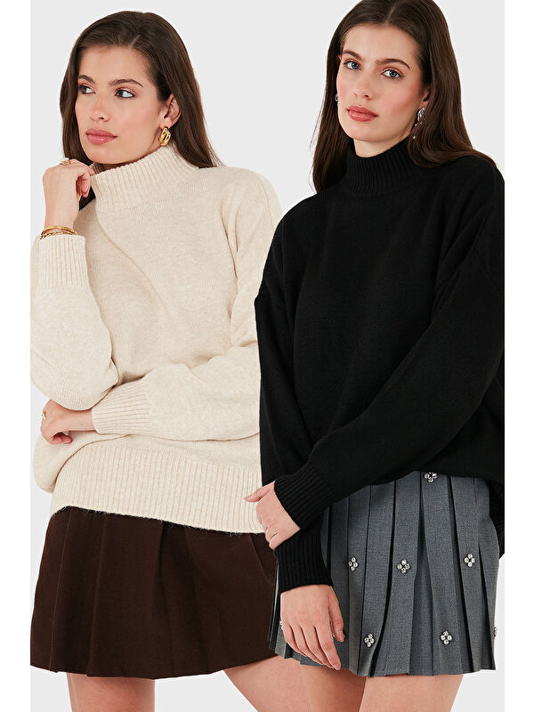 Lela Oversize Fit Balıkçı Yaka Yumuşak Dokulu 2'li Paket Triko Kazak 680KZ00469S2