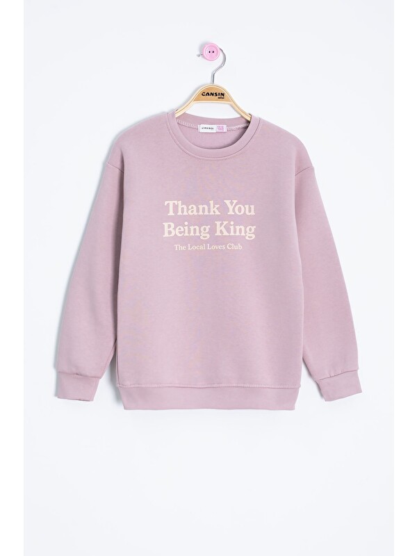 Cansın Mini Gül Kurusu Yazı Baskılı Bisiklet Yaka Kız Çocuk Şardonlu Sweatshirt 23259