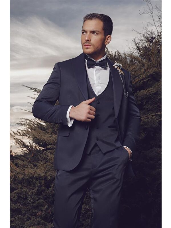 İMZA Koyu Lacivert Armürlü Mono Yaka Astarlı Yelekli 6 Drop Slim Fit Smokin Damatlık 1001220205