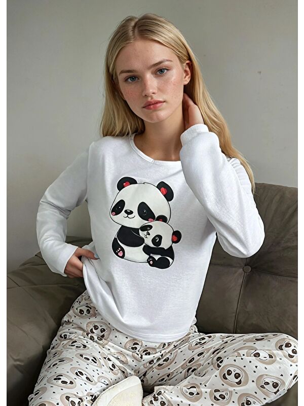 carla10 Uzun Kollu Panda Baskılı Pijama Takım