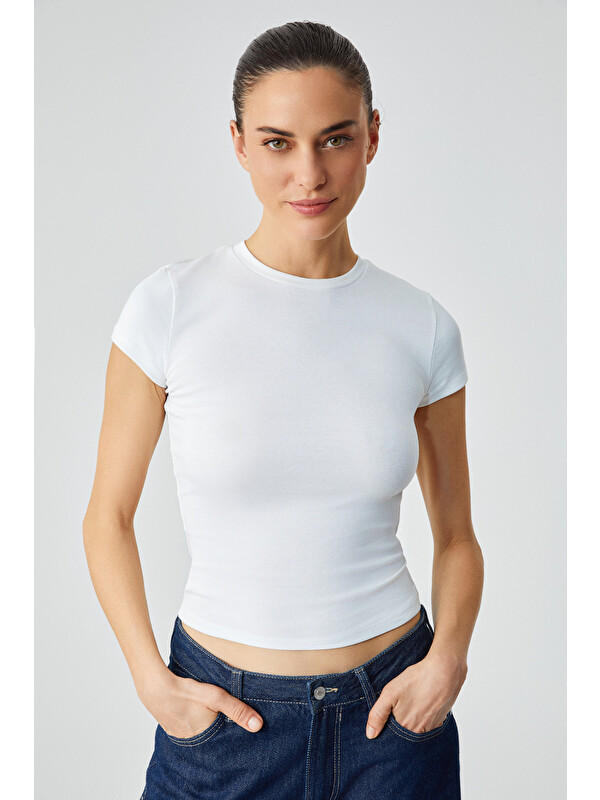 GRIMELANGE HOPEWELL Kadın Yuvarlak Yaka Örme Slim Fit BEYAZ T-Shirt