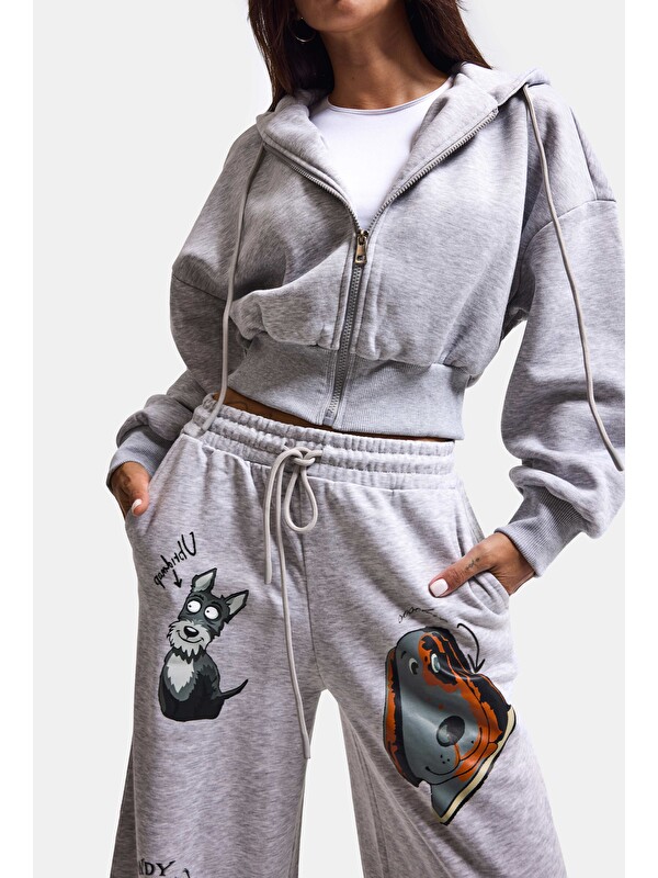 It's Basic Kadın Gri w6-12 Sweatshirt Eşofman Pantolon 2'li Tasarım Takım