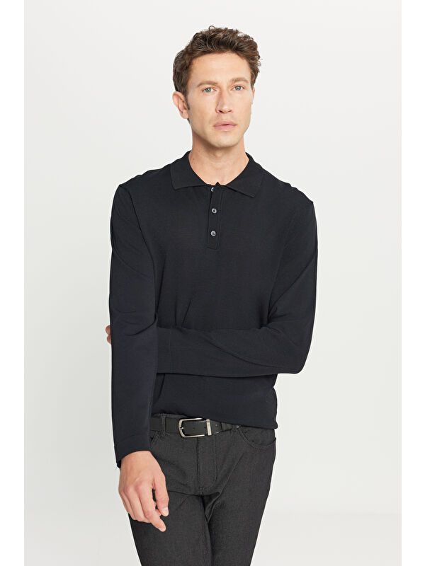 Altınyıldız Classics Erkek Siyah Standart Fit Normal Kesim Polo Yaka Basic Triko Kazak