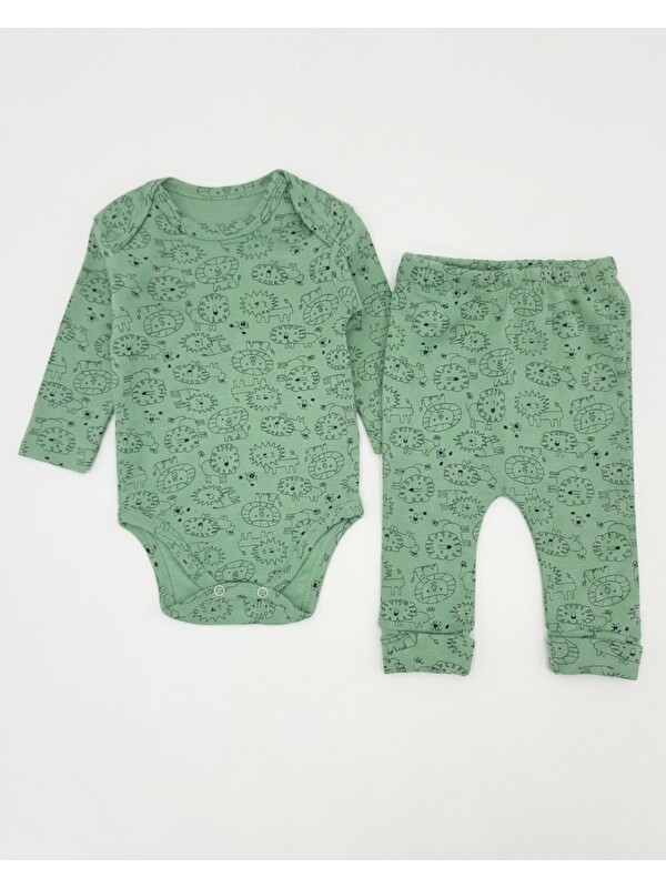 Ege Bebek %100 Pamuk 0-3-6-9-12 Aylık Aslan Baskılı Çıtçıtlı Bodyli Pantalonlu 2'li Fitilli İnce Takım