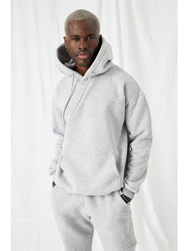gothamVibes Erkek Stay Oversize Gri Kapüşonlu Sweatshirt Hoodie