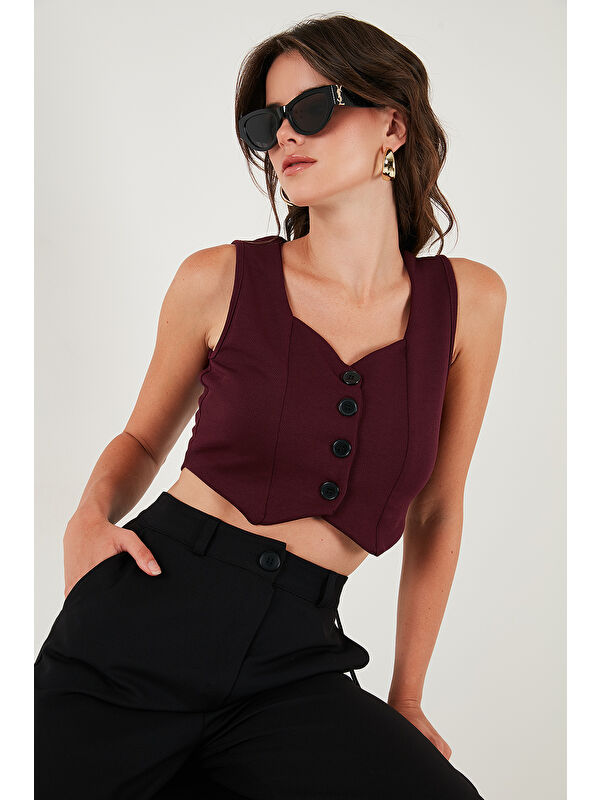 Lela Slim Fit Kalp Yaka Düğmeli Kalın Askılı Kadın Crop Yelek 5865497