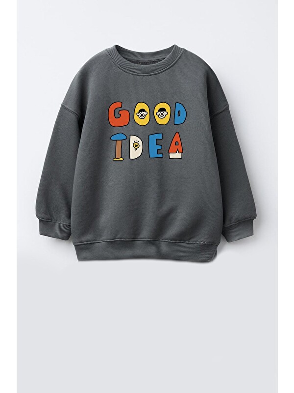 Monila Unisex Çocuk 3 İplik Kumaş Slogan Baskılı Pamuklu Sweatshirt