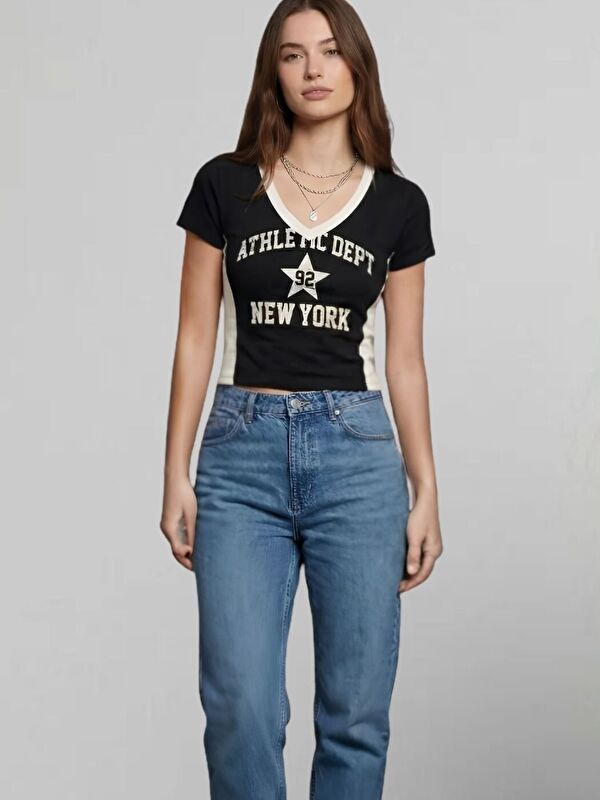 Trendseninle Newyork 92 Baskılı %100 Pamuk Penye Elastanlı Crop Tişört 01