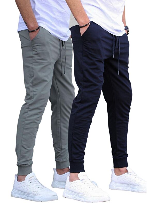 Madmext Lacivert/Füme Paçası Lastikli 2'Li Paket Erkek Jogger Eşofman Altı E7446