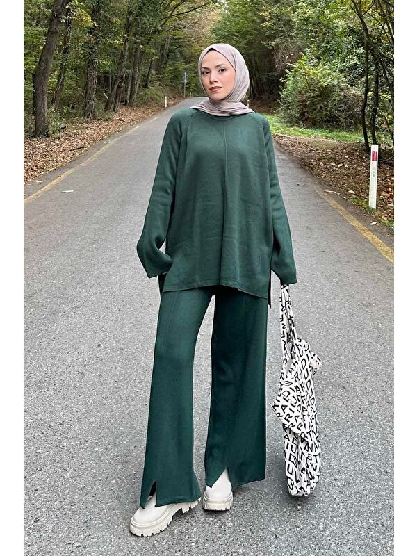 Lamelif Basic Pantolon Önü Yırtmaçlı Triko Tesettür Takım Haki