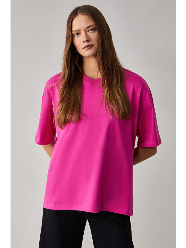 GRIMELANGE Jemmy Kadın %100 Organik Pamuk Relaxed Fit Yırtmaçlı Yuvarlak Yakalı PEMBE T-Shirt