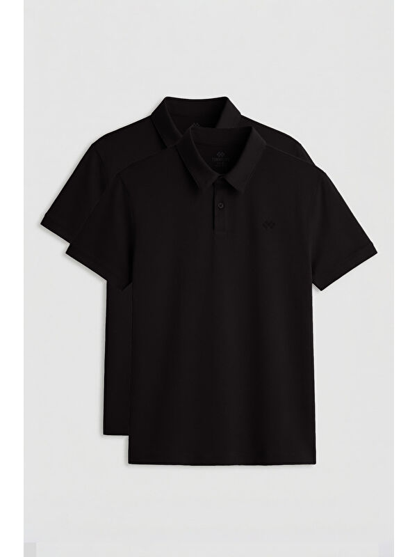 Tommylife Standart Fit Basic Polo Yaka 2li Paket Siyah Erkek T-Shirt - 87748