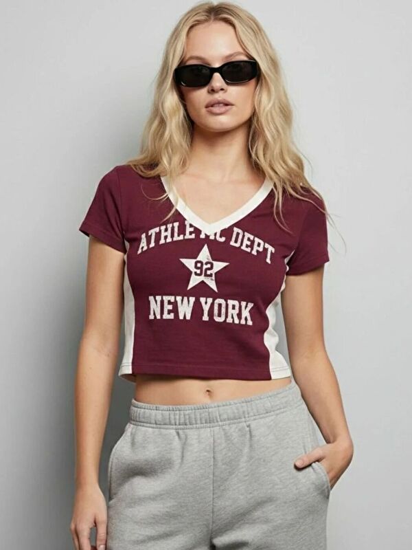 Trendseninle Newyork 92 Baskılı %100 Pamuk Penye Elastanlı Crop Tişört 02