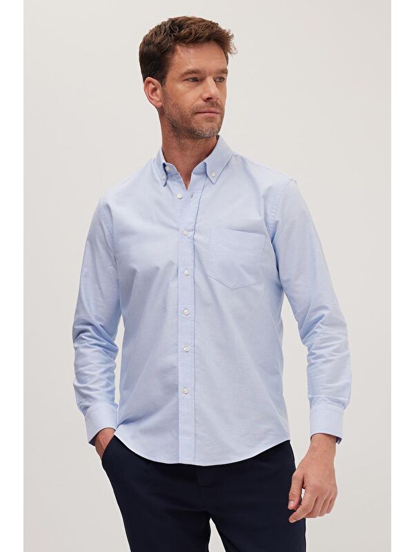 TUDORS Erkek Regular Fit Klasik Kesim Premium Oxford %100 Pamuk Mavi Gömlek