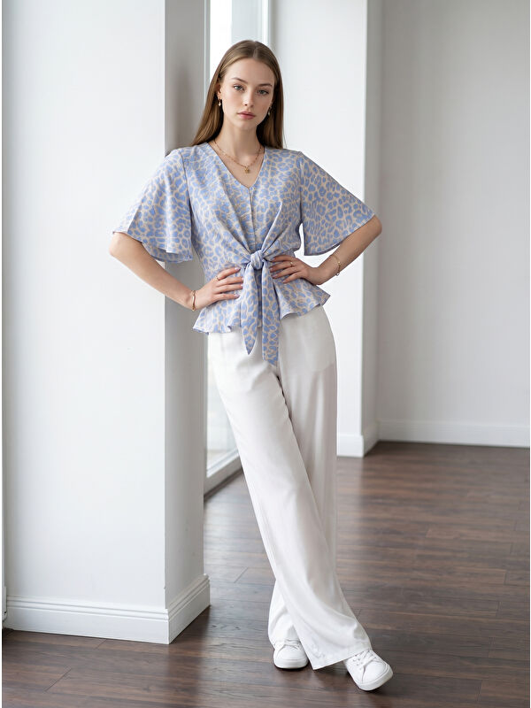 Pera Moda Leopar Desenli Önden Bağlamalı Beli Lastikli Crop Bluz Gömlek