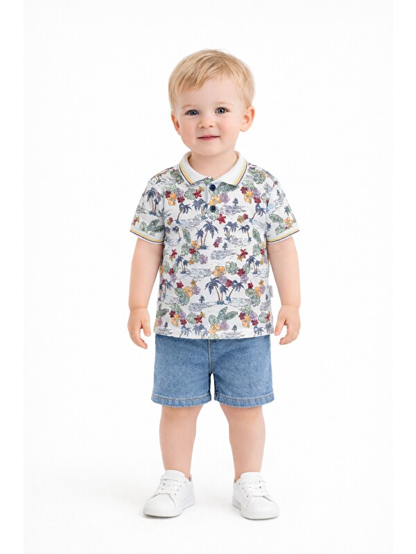 Kidex's Erkek Bebek Desenli Polo Yaka Tişört Jean Şort Takım Yazlık