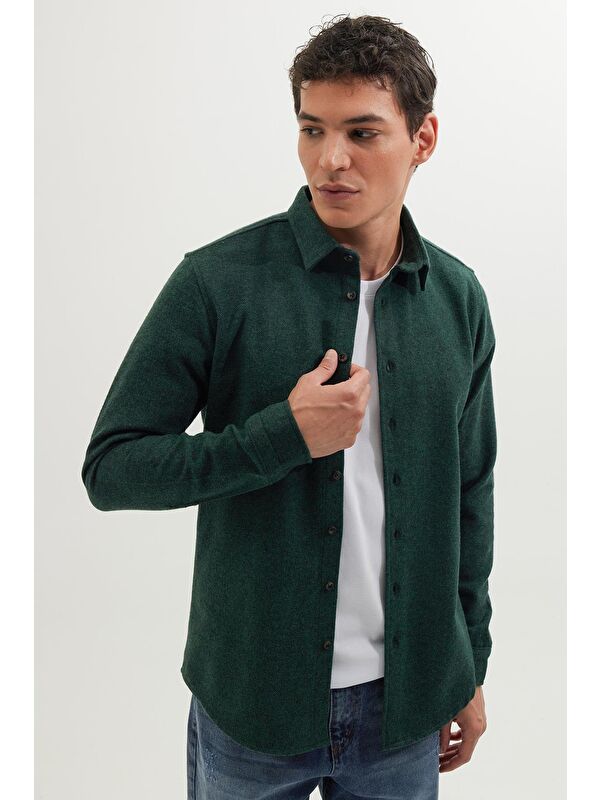 TUDORS Erkek Slim Fit Dar Kesim Uzun Kollu Düz Kışlık Oduncu Yeşil Gömlek