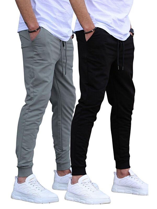 Madmext Siyah/Füme Paçası Lastikli 2'Li Paket Erkek Jogger Eşofman Altı E7446