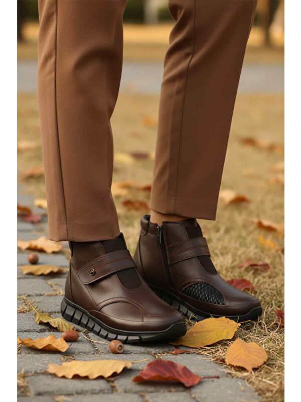 Kahve Hakiki Deri İçi Polarlı Cırtlı Fermuarlı Kaymaz Kadın Bot 3609 Z - Görsel 4