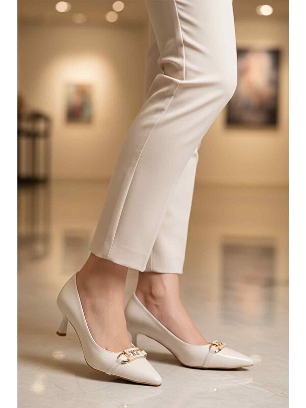 Beyaz İnce Kısa Topuklu Kadın Abiye Ayakkabı 695029 Z - Görsel 4