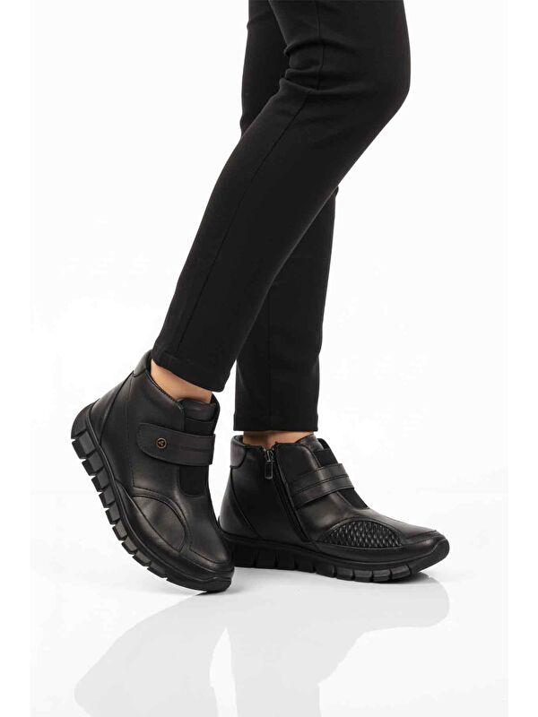 Siyah Hakiki Deri İçi Polarlı Cırtlı Fermuarlı Kaymaz Kadın Bot 3609 Z - Görsel 2
