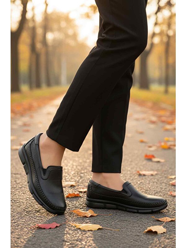 Siyah Hakiki Deri Ortopedik Kadın Casual Ayakkabı 602 Z - Görsel 4