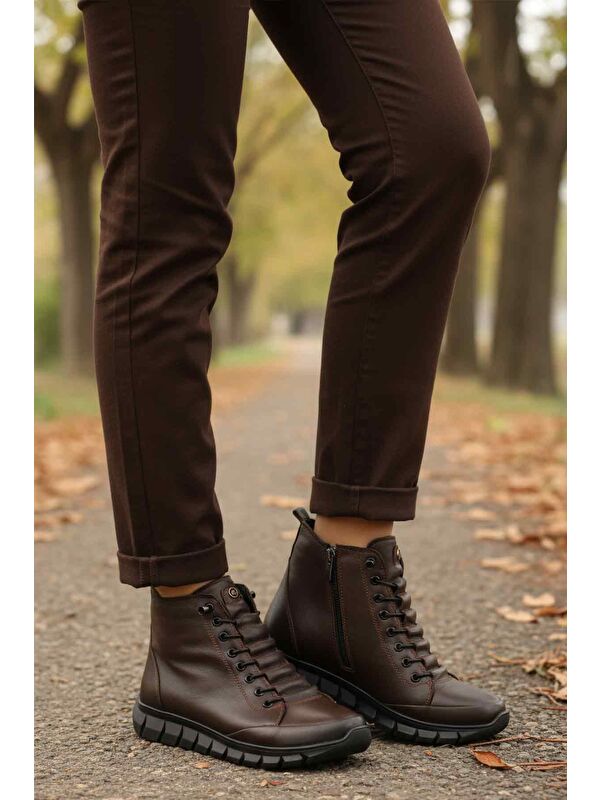 Kahve Hakiki Deri İçi Polarlı Kaymaz Fermuarlı Kadın Bot 3910 Z - Görsel 4