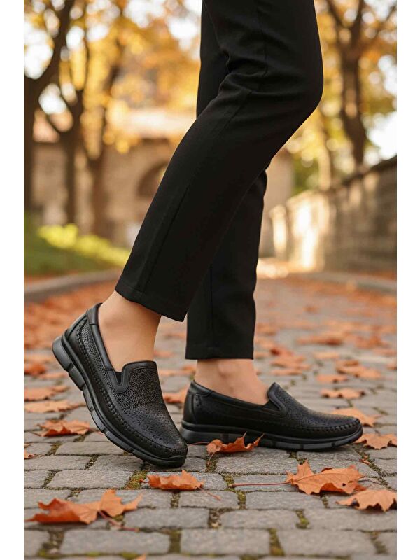 Siyah Hakiki Deri Ortopedik Kadın Casual Ayakkabı 608 Z - Görsel 4