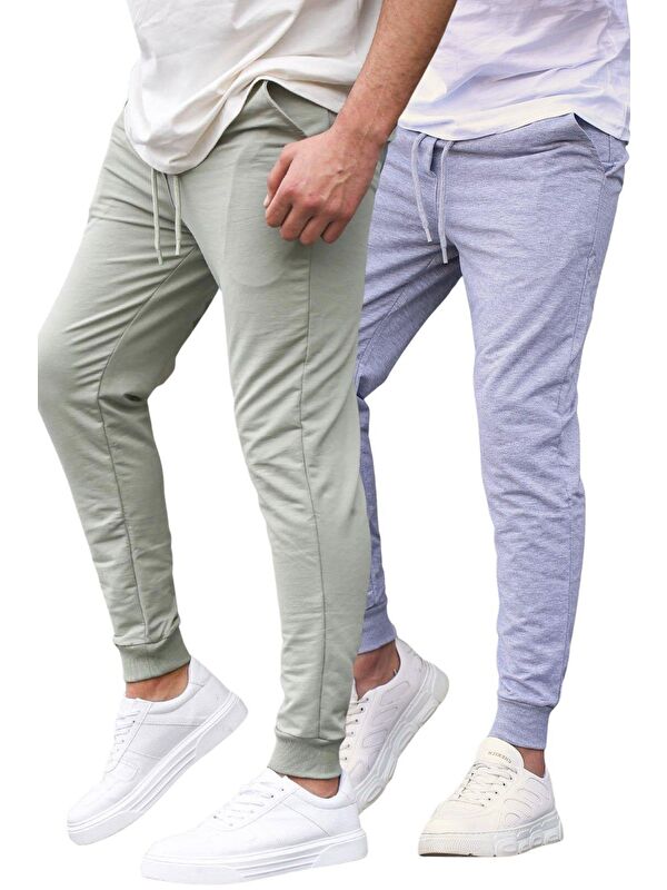 Madmext Çağla Yeşili/Gri Paçası Lastikli 2'Li Paket Erkek Jogger Eşofman Altı E7446