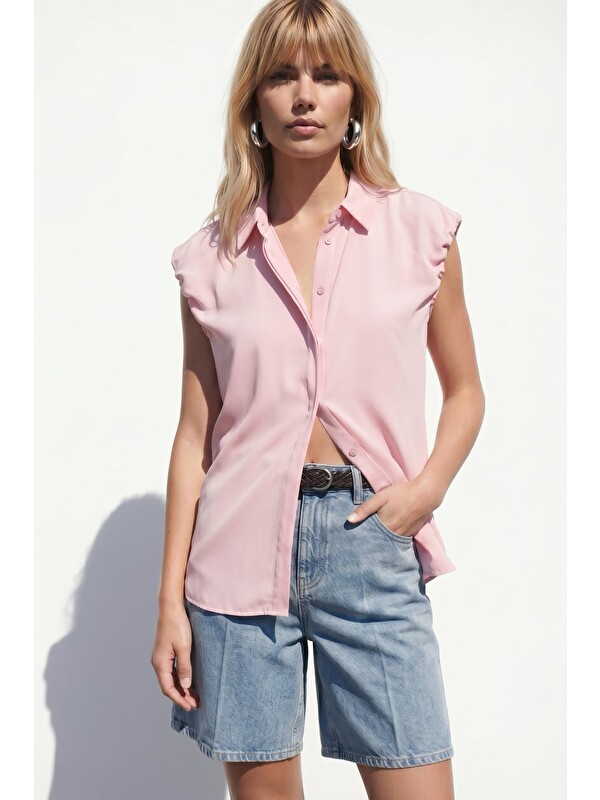 SATEEN Kol Detaylı Gömlek - Pembe