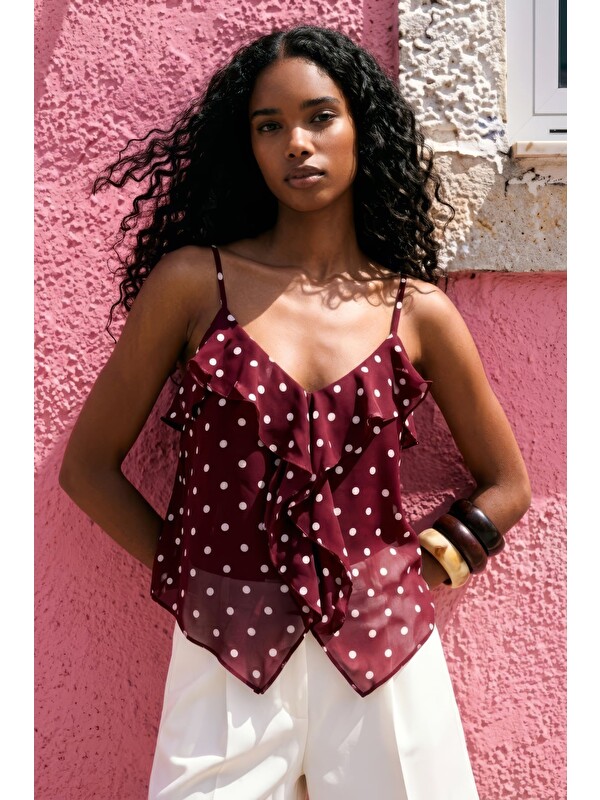 SATEEN Puantiye Desenli Askılı Fırfırlı Bluz - Bordo