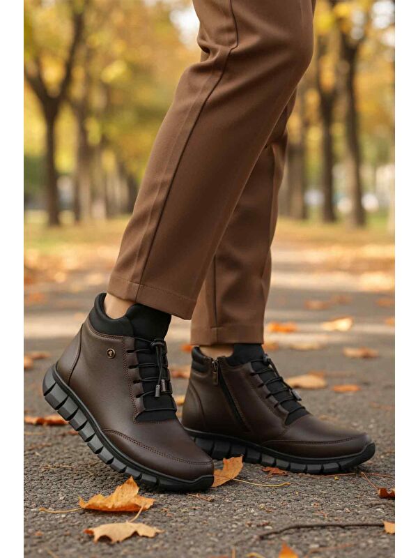 Kahve Hakiki Deri İçi Polarlı Kaymaz Fermuarlı Kadın Bot 3615 Z - Görsel 4