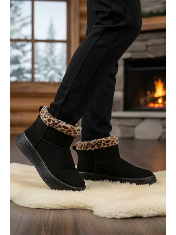 Siyah Leopar Kürklü Soğuğa Dirençli Kaymaz Kadın Bot 25001 Z - Görsel 4